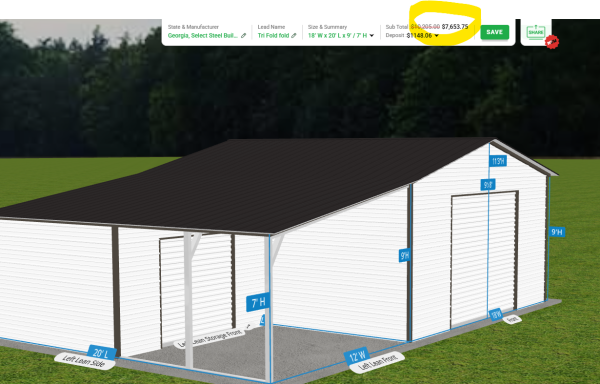 18ft x 20ft x 9ft Metal Garage w/ Carport