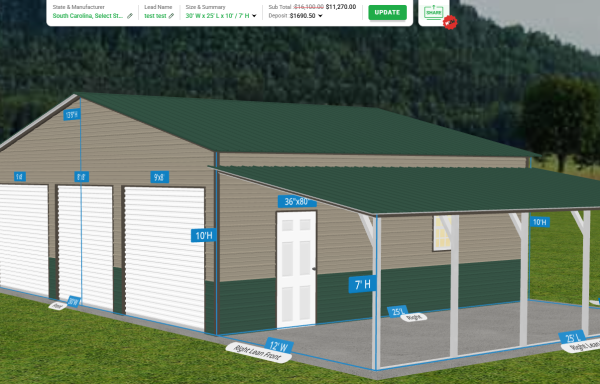 30ft x 25ft x 10ft Metal Garage w/ Carport
